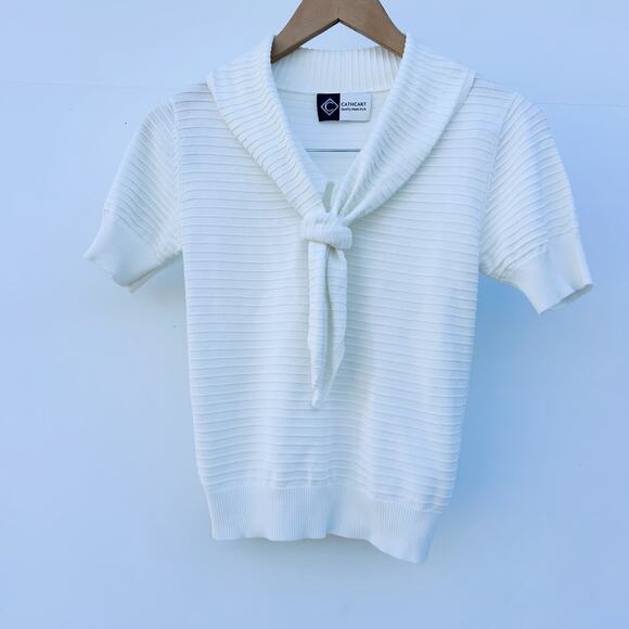 Cathcart London Sailor Top Blouse Ribbed Bow Tie Neck 6 White Cotton Silk - Picture 3 of 8